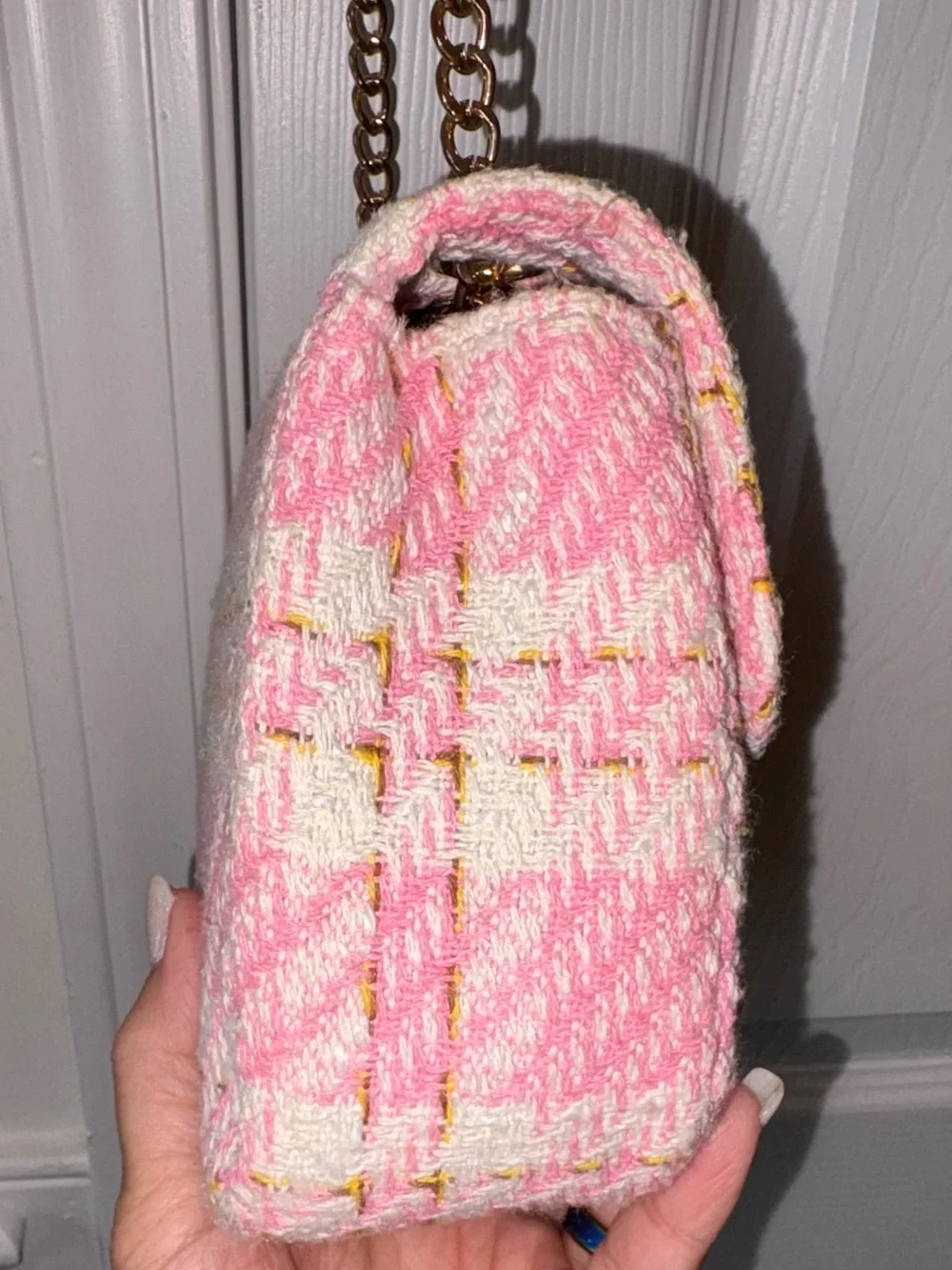 Pink and white tweed mini two Way Crossbody handbag